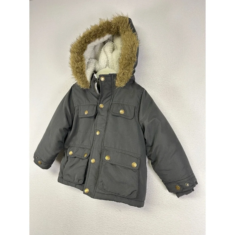 Winter Gorpcore‎ Carters Kids 24M Grey Sherpa Lined Faux Fur Hooded Parka Jacket